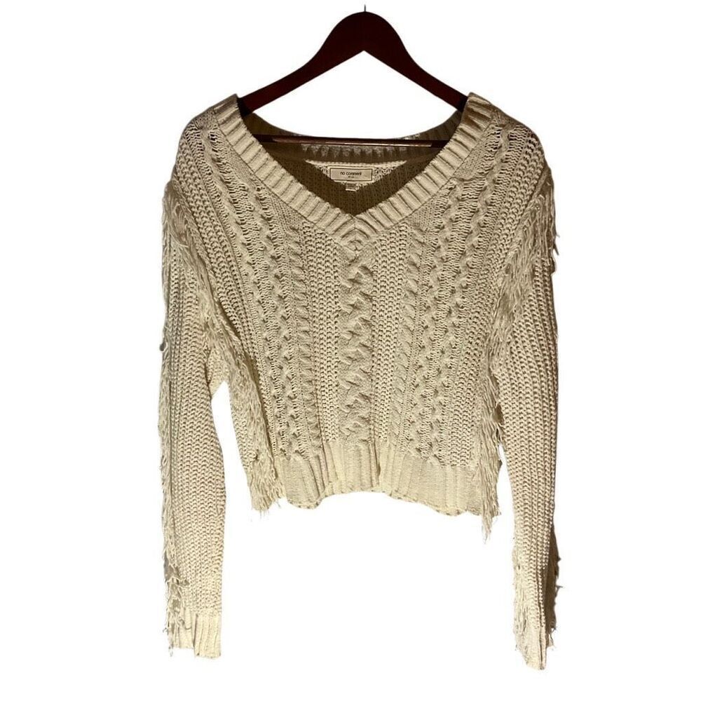 No Comment NY LA Chenille VNeck Fringe Long Sleeve Sweater Top Jumper, Cream, La